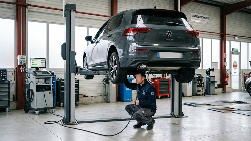 Voiture sur un pont dans un centre de contrôle technique, sonde antipollution dans l’échappement