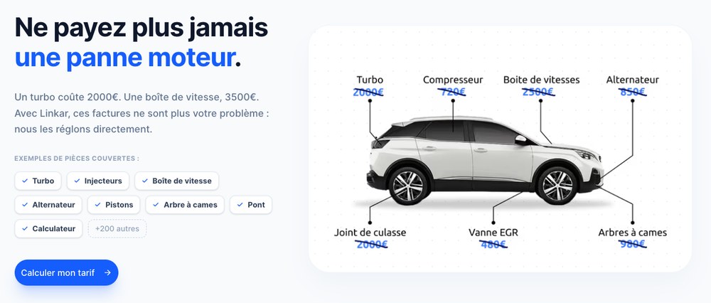 Exemples de pièces couvertes par une garantie panne mécanique et leur coût : turbo 2 000 €, boîte de vitesses 2 500 €, joint de culasse 2 000 €