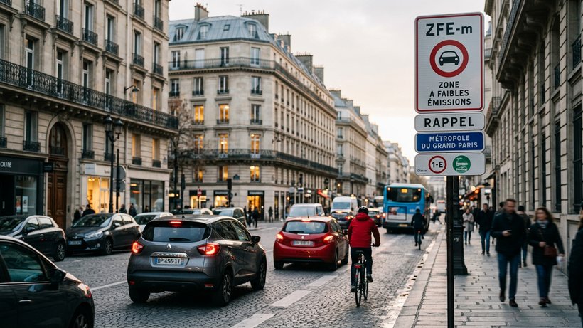 Panneau « Zone à Faibles Émissions » dans une rue de ville avec circulation