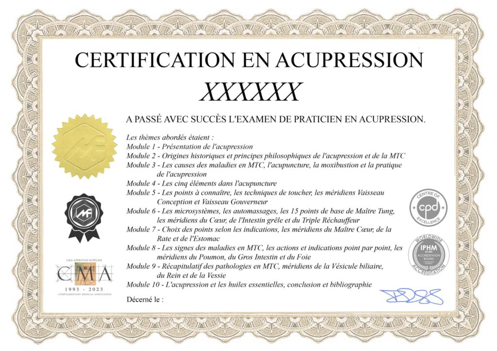Modèle du certificat de praticien en acupression