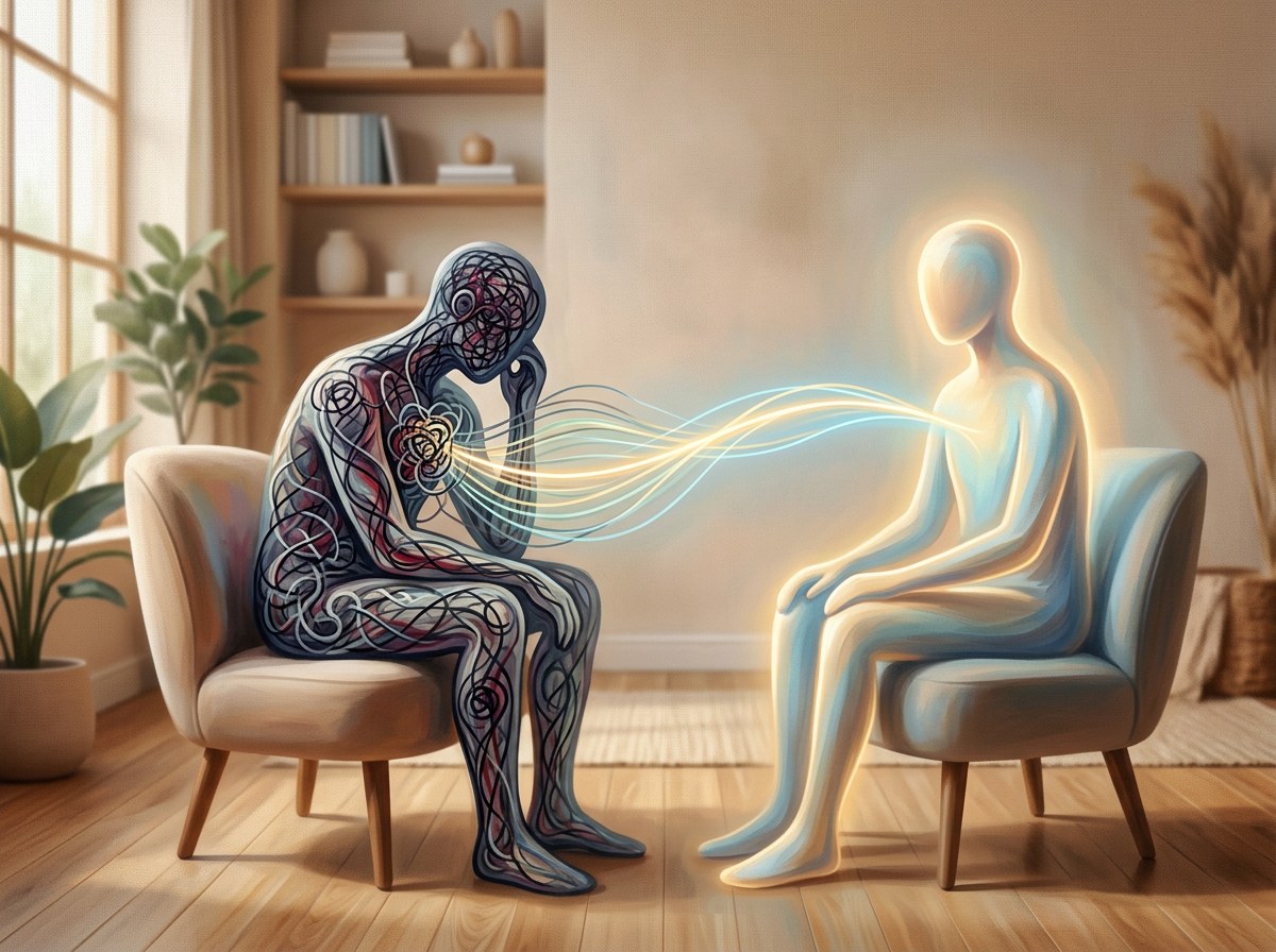 Séance de psychothérapie, thérapeute à l'écoute de son patient