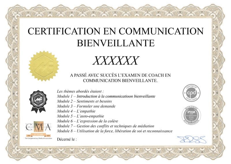 Modèle du certificat de coach en communication bienveillante