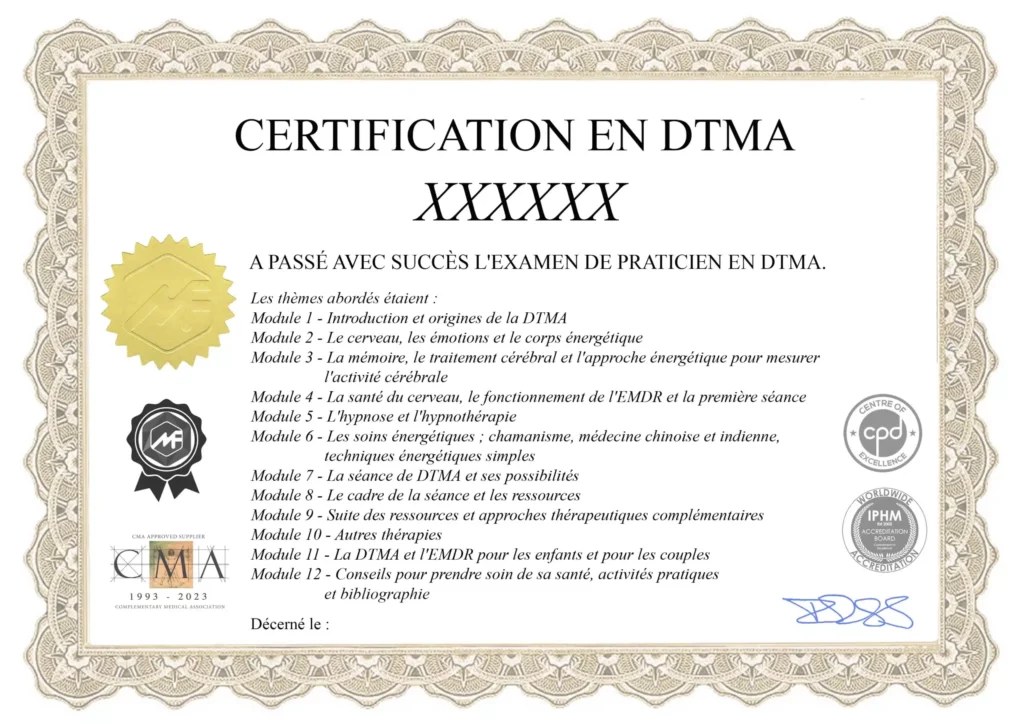 Modèle du certificat de praticien en DTMA