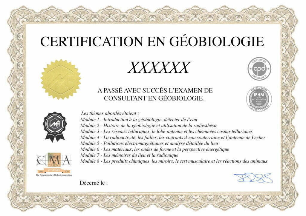 Modèle du certificat de conseiller en géobiologie