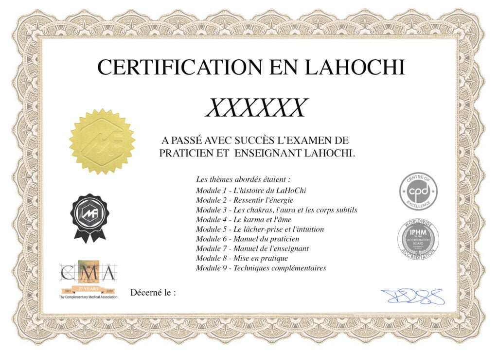Modèle du certificat de praticien et enseignant LaHoChi