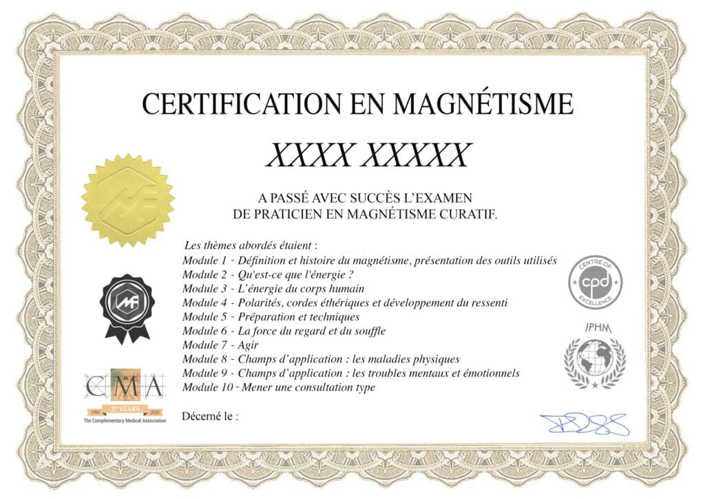 Modèle du certificat de magnétiseur remis à l'issue de la formation