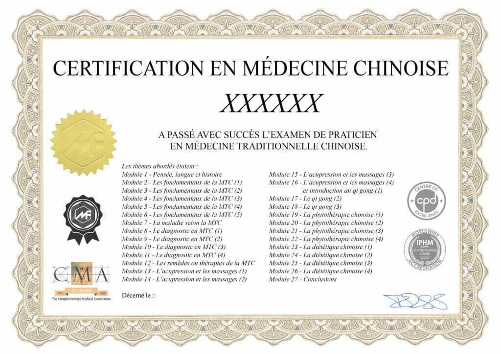 Modèle du certificat de praticien en médecine traditionnelle chinoise