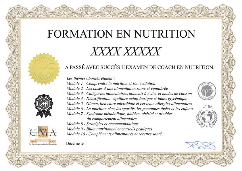 Modèle du certificat de coach en nutrition