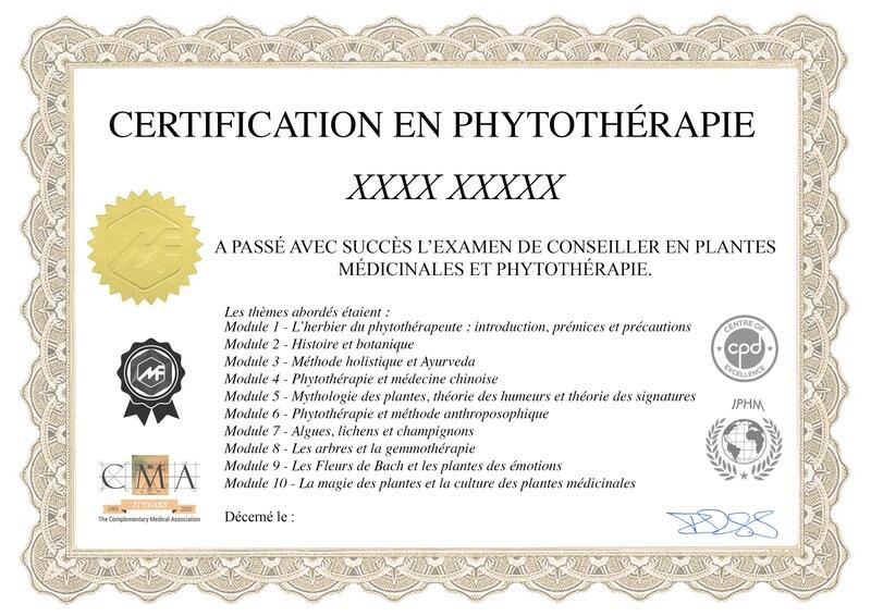 Modèle du certificat de conseiller en phytothérapie