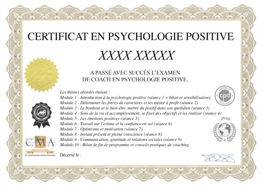 Modèle du certificat de coach en psychologie positive remis à l'issue de la formation