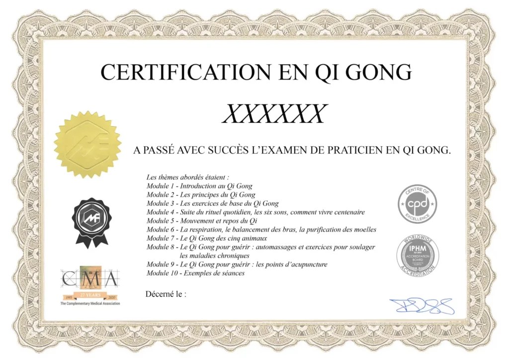 Modèle du certificat de praticien en Qi Gong