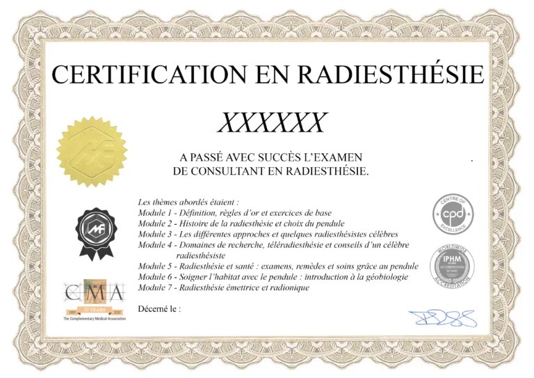 Modèle du certificat de praticien en radiesthésie