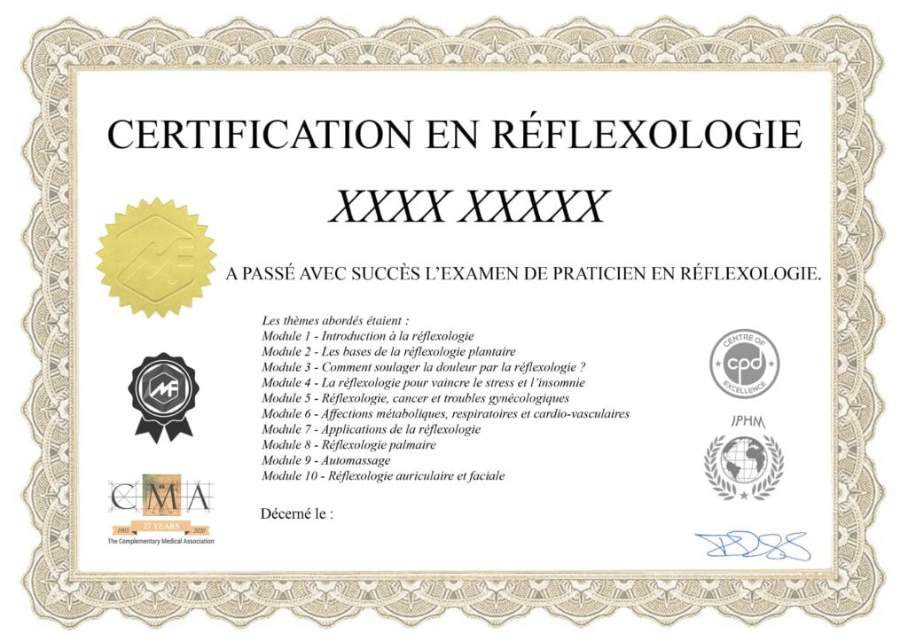 Modèle du certificat de praticien en réflexologie