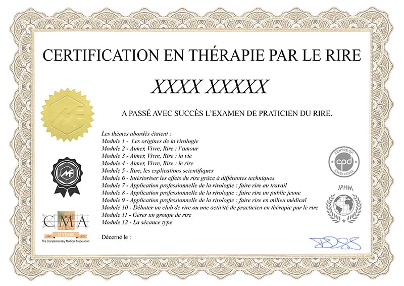 Modèle du certificat de praticien en thérapie par le rire